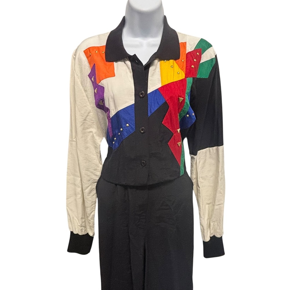 Vintage Saint Germain Sport Colorblock Studded Jumpsuit Black Multi PF‎ 88441 40 - Picture 4 of 14
